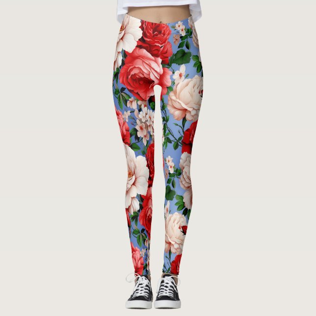 Big Retro-Rote Rose-Blume Leggings (Vorderseite)