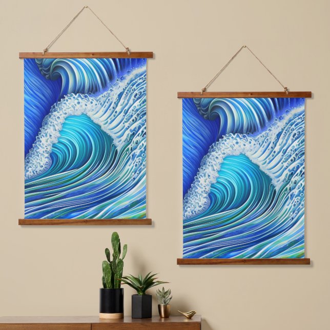 Big Ripple Blue Wave | Summer Blue Ocean Wave Wandteppich Mit Holzrahmen (Asymmetrisch)