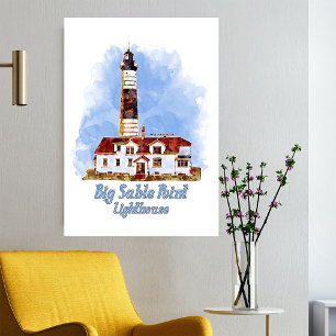 Big Sable Point Lighthouse Watercolor - Michigan Fotodruck