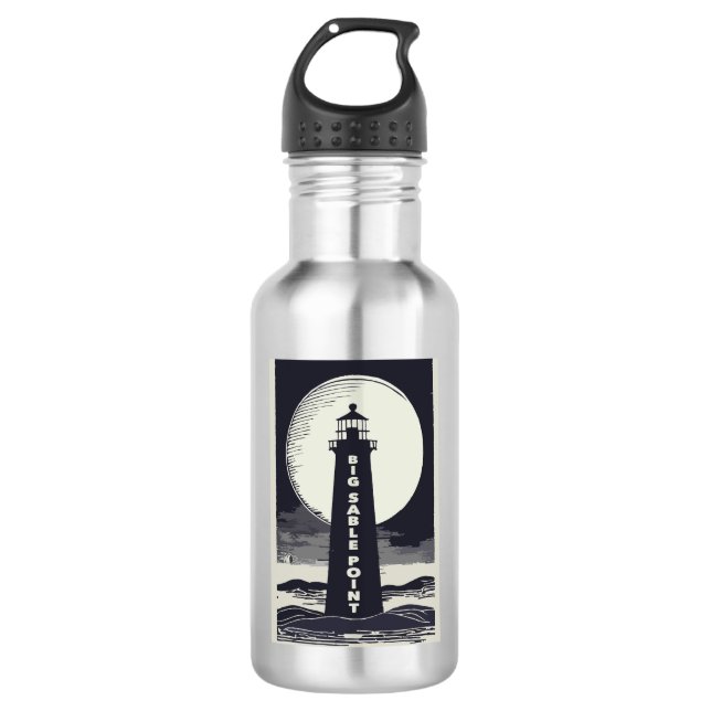 Big Sable Point Michigan Lighthouse Moon Edelstahlflasche (Vorderseite)
