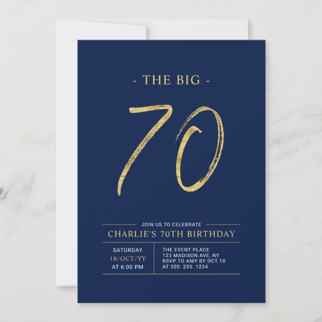 Big Seventy | Gold & Navy Blue 70th Birthday Party Einladung (Vorderseite)