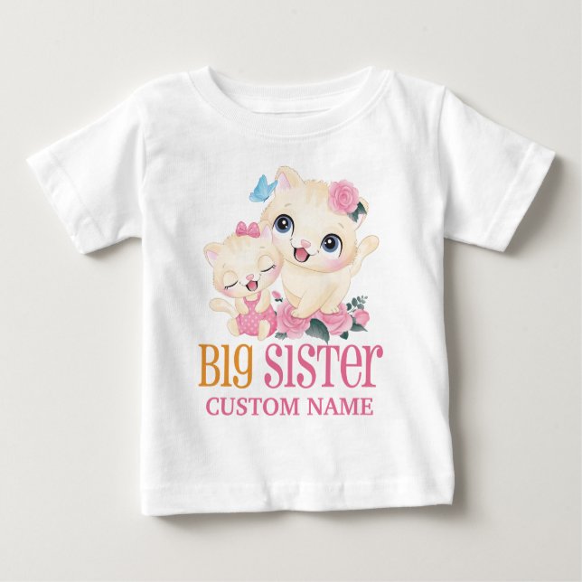 Big Sister farbige Monogramm und Niedliche Katzen Baby T-shirt (Vorderseite)