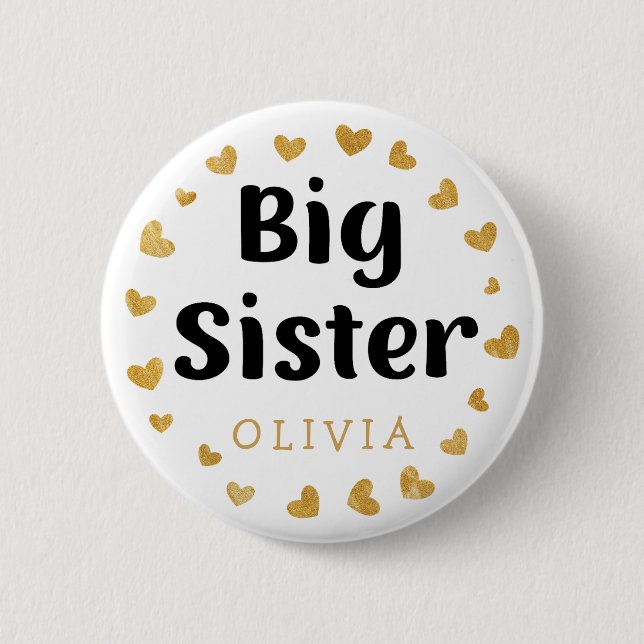 Big Sister Individuelle Name mit goldenen Herzen Button (Vorderseite)