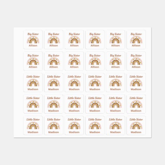 Big Sister Little Sister Boho Rainbow Personalisie Etiketten (Blatt)