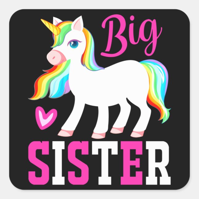 Big Sister Magical Unicorn mit Rainbow Mane & Schw Quadratischer Aufkleber (Vorderseite)
