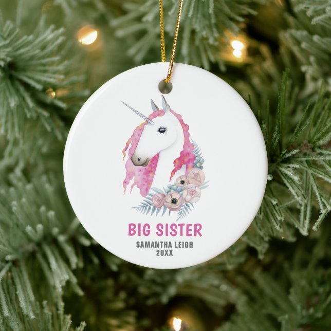 Big Sister Personalisiert Name Wasserfarbe Einhorn Keramik Ornament (Baum)