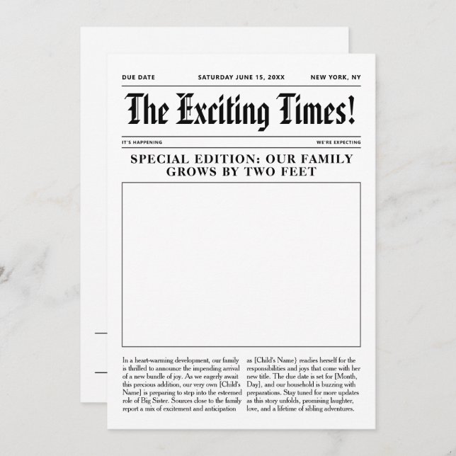 Big Sister Pregnancy Announcement Zeitung Ankündigung (Vorne/Hinten)