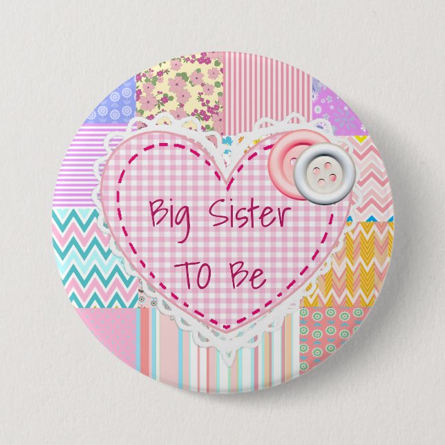 Big Sister To Be Quilted Heart Baby Shower Button (Vorderseite)