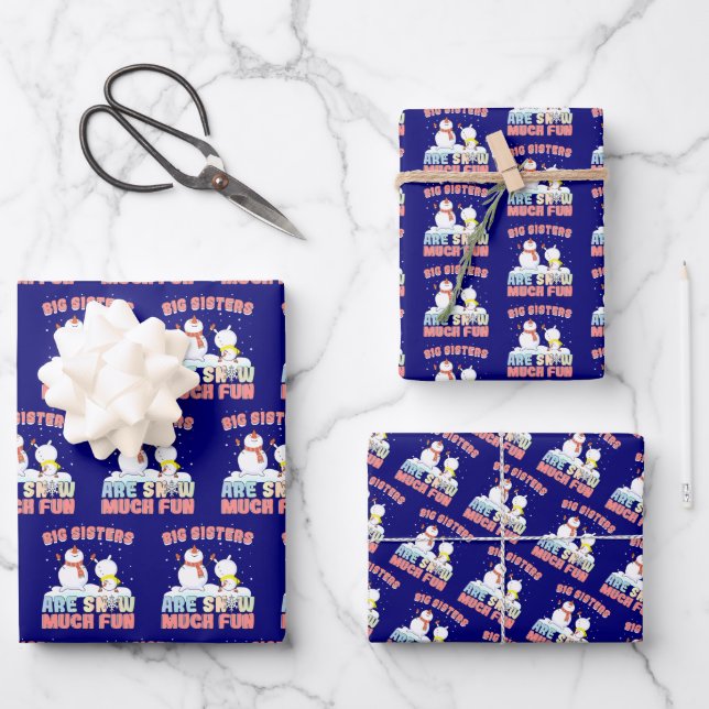 Big Sisters sind Snow Much Fun - Snowman Pun Geschenkpapier Set (Vorderseite)