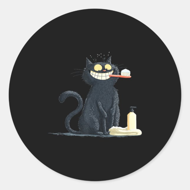 Big Smiling Cat With Toothbrush For Teeth Brushing Runder Aufkleber (Vorderseite)