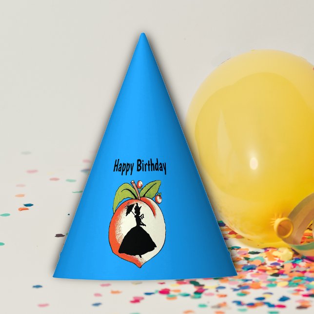 Big Southern Peach Silhouette Lady Hoop Skirt Blue Partyhütchen (Big Southern peach silhouette lady in hoop skirt with parasol on blue paper Birthday party hat.)