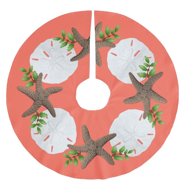 Big Starfish Sand Dollars Holly Blätter Coral Pink Polyester Weihnachtsbaumdecke (Vorderseite)