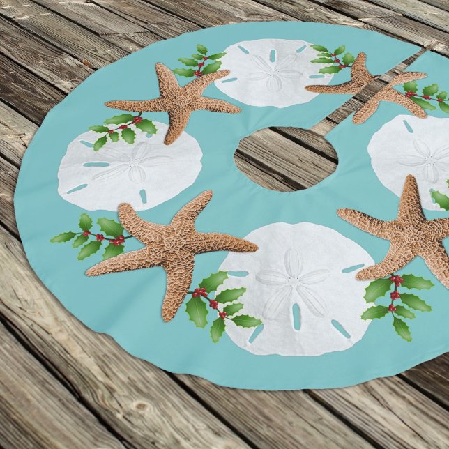 Big Starfish Sand Dollars Holly Blätter Polyester Weihnachtsbaumdecke (Von Creator hochgeladen)