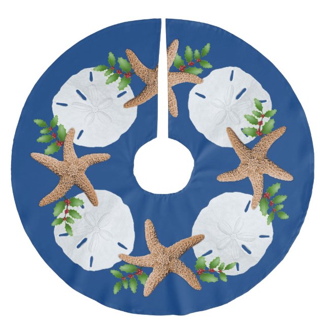 Big Starfish Sand Dollars Holly Verlasse Navy Blue Polyester Weihnachtsbaumdecke (Vorderseite)