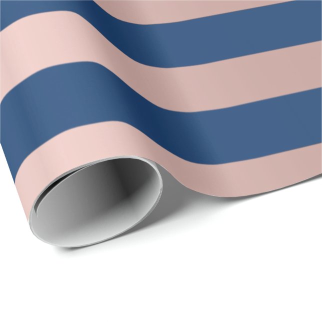 Big Stripes Lines Blue Navy Pink Rose Gold Geschenkpapier (Rolleneckpunkt)