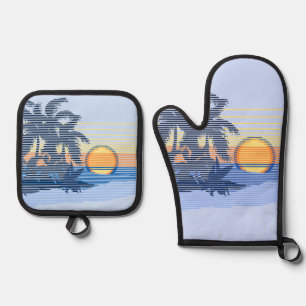 Big Sunset Hawaiian Stripe Surfers - Blau und Oran Ofenhandschuh & Topflappen-Set