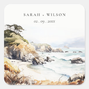 Big Sur, Kalifornien Aquarell-Landschaft-Hochzeit Quadratischer Aufkleber