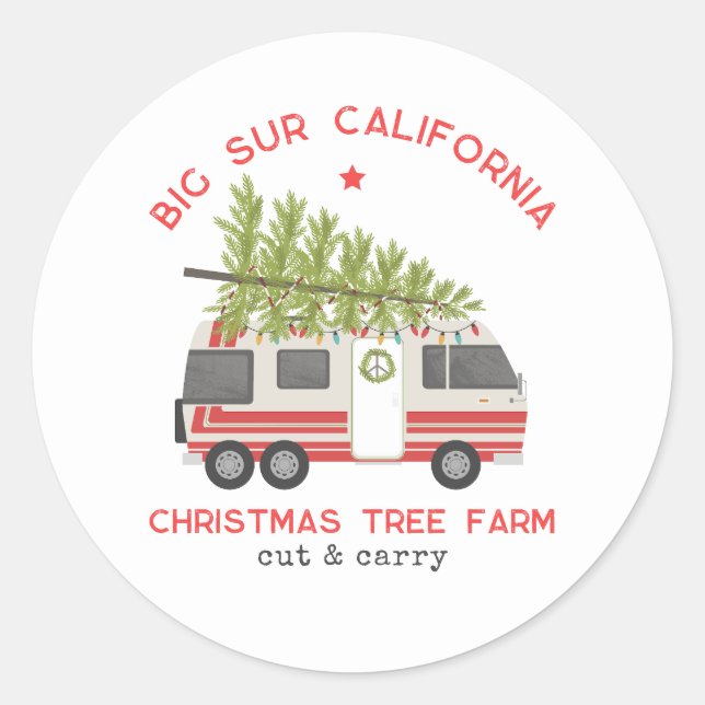 Big Sur Weihnachtsbaumfarm Vintag RV Camper Runder Aufkleber (Vorderseite)