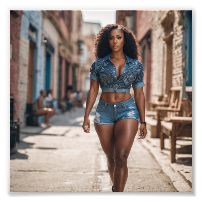 Big Thigs Black Girl in Extravagant Denim Walking Fotodruck (Vorne)