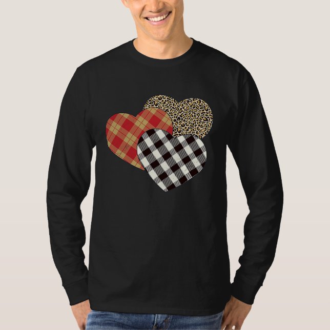 Big Three Hearts Leopard Buffalo Plaid  Valentine' T-Shirt (Vorderseite)