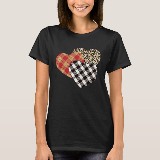 Big Three Hearts Leopard Buffalo Plaid  Valentine' T-Shirt (Vorderseite)