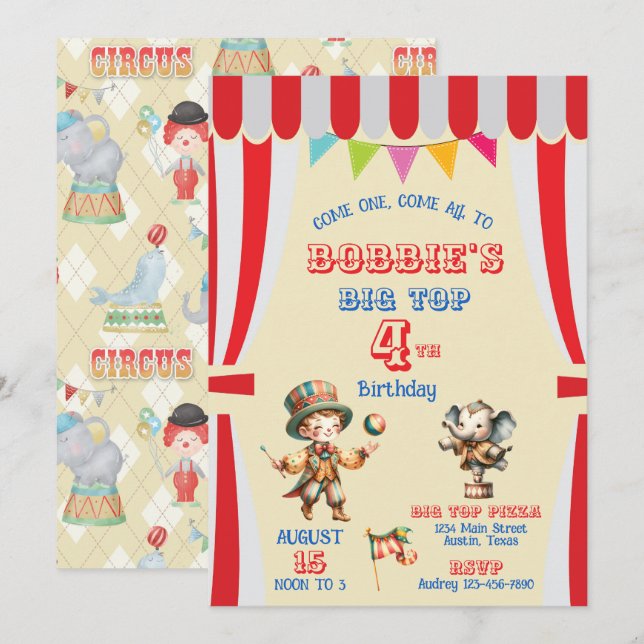 Big Top Circus Geburtstagseinladung Einladung (Vorne/Hinten)