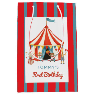 Big Top Erster Geburtstag Spaß Rot Blau Tiere Mittlere Geschenktüte