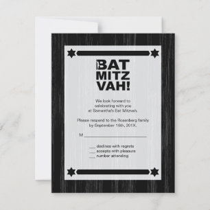 Big Type Bat Mitzvah Antwortkarte in schwarz Einladung