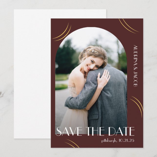 Big Typografy Burgundy Foto Wedding Save The Date (Vorne/Hinten)