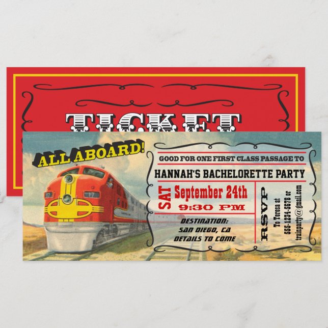 BIG Vintage Zugfahrkarte Junggeselinnen-Abschied Einladung (Vorne/Hinten)