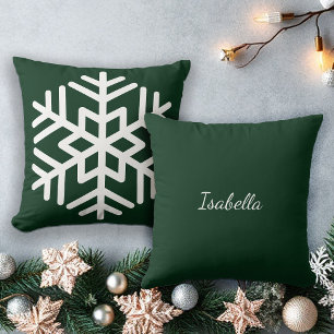 Big White Snowflake auf Forest Green Monogram Kissen
