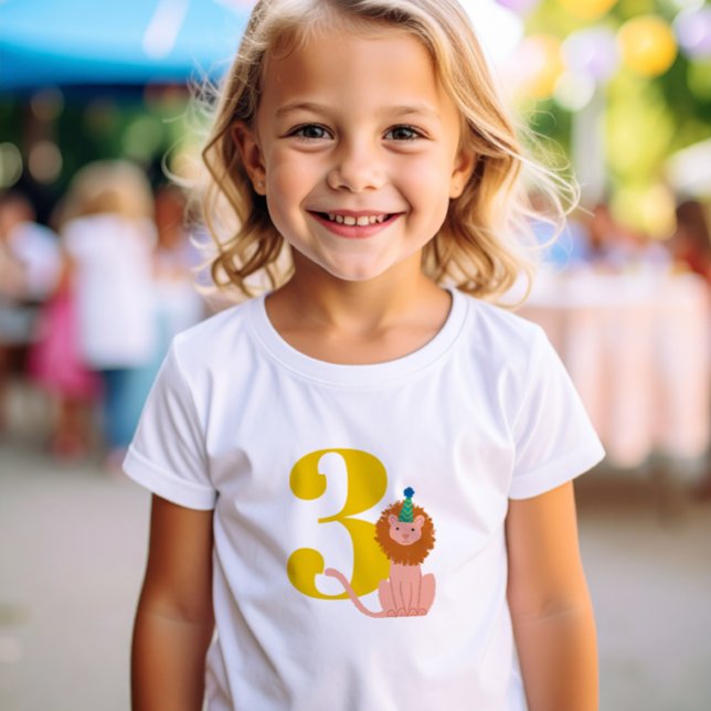 Big Year Birthday Party Lion T-Shirt (Party Animals 3rd Birthday t-shirt with elephant wearing a party hat and holding colorful balloons)