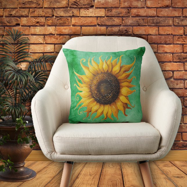 Big Yellow Sunflower Ornate Petals Shades of Green Kissen (Big yellow brown sunflower ornate petals on shades of green decorative indoor pillow.)