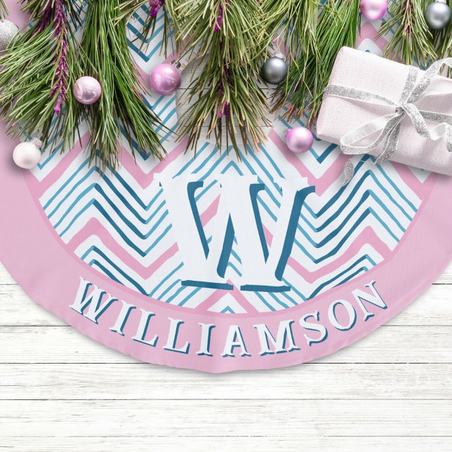 Big Zag Chevron in Pink + Aqua Personalized Leinenimitat Weihnachtsbaumdecke (Von Creator hochgeladen)