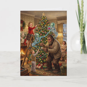 Bigfoot-Alien schmückt Weihnachtsbaum vintage Weih Karte
