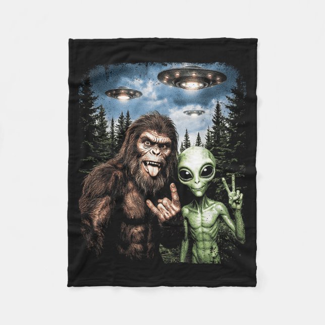 Bigfoot-Alien-Selfie Rock On Friedenszeichen Lusti Fleecedecke (Vorderseite)