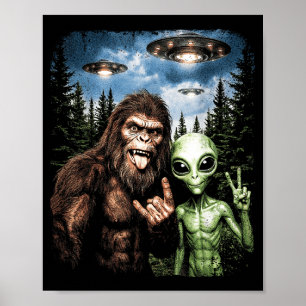 Bigfoot Alien Selfie Rock On Friedenszeichen Lusti Poster