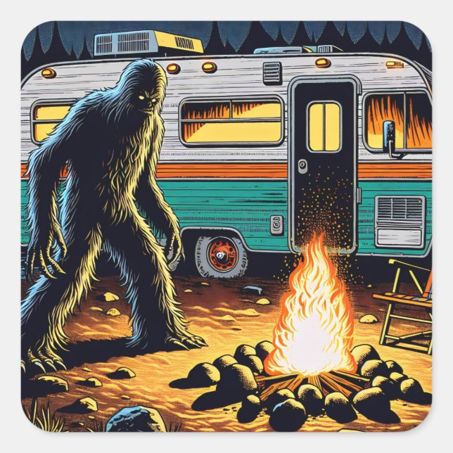 Bigfoot am Campfire und Retro Rv Quadratischer Aufkleber (Vorderseite)