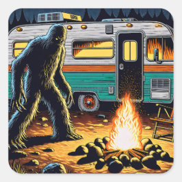 Bigfoot am Campfire und Retro Rv Quadratischer Aufkleber