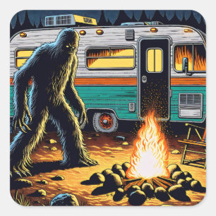 Bigfoot am Campfire und Retro Rv Quadratischer Aufkleber