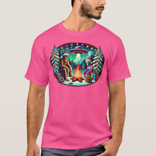 Bigfoot and Alien Holiday Campfire Kryptid Holiday T-Shirt