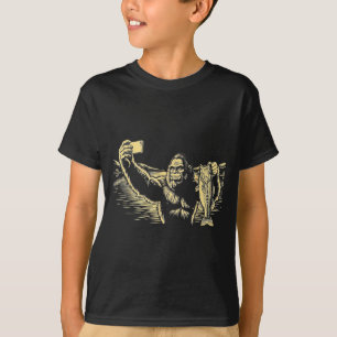 Bigfoot-Angeln-Selfie lustiger Sasquatch-Barsch T-Shirt