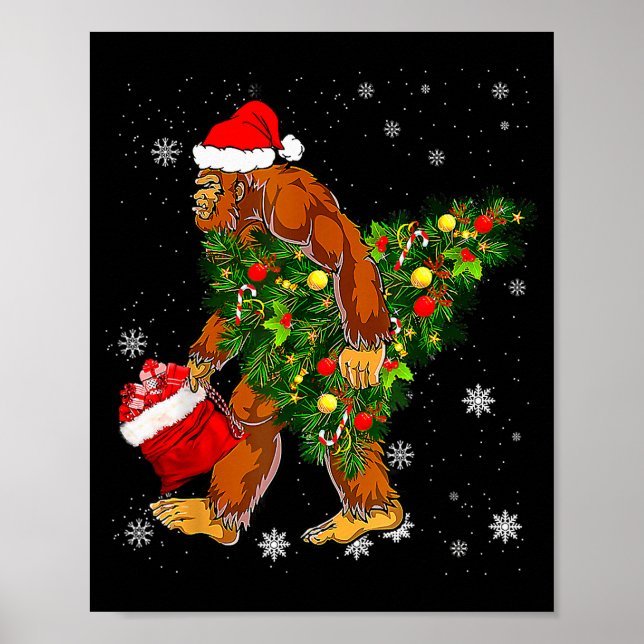 Bigfoot Carrying Christmas Tree Sasquatch Believer Poster (Vorne)