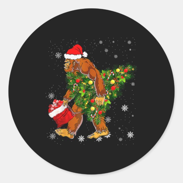 Bigfoot Carrying Christmas Tree Sasquatch Believer Runder Aufkleber (Vorderseite)