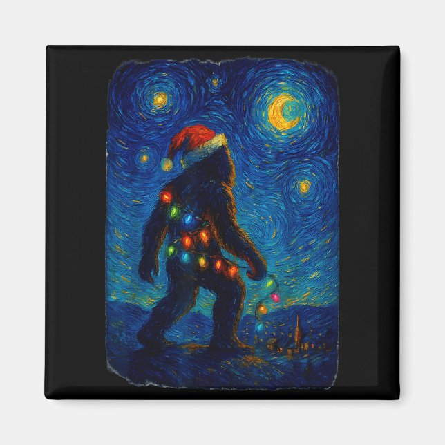 Bigfoot Christmas Sasquatch Santa Hat Starry Night Magnet (Vorne)