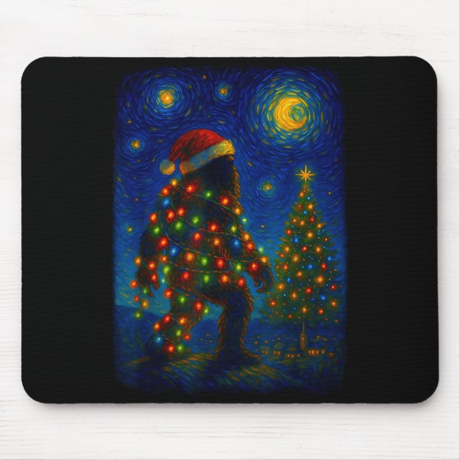 Bigfoot Christmas Sasquatch Santa Hat Starry Night Mousepad (Vorne)