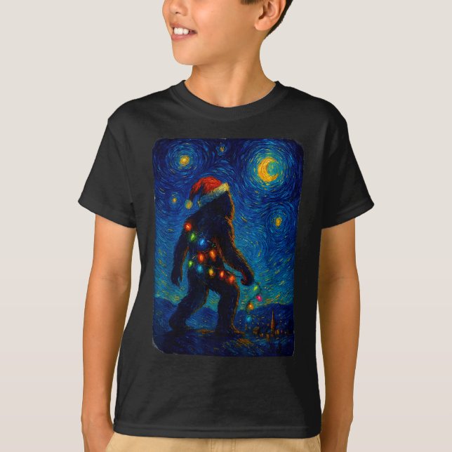 Bigfoot Christmas Sasquatch Santa Hat Starry Night T-Shirt (Vorderseite)