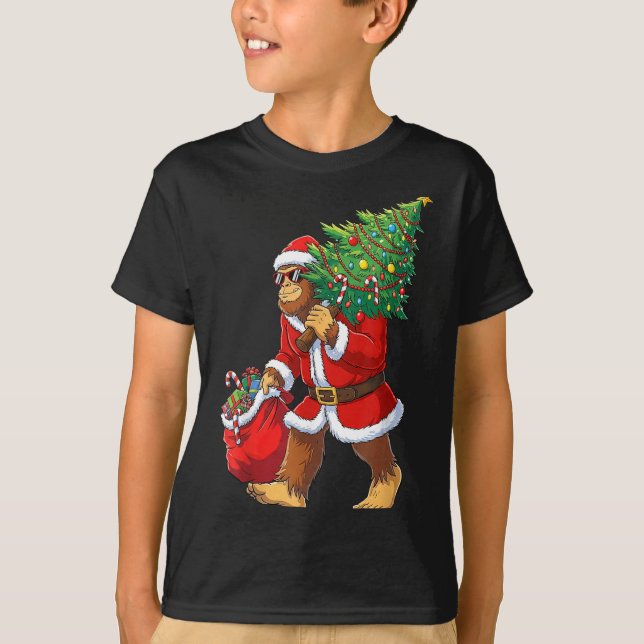 Bigfoot Christmas Tree Lights Boys Men Sasquatch L T-Shirt (Vorderseite)
