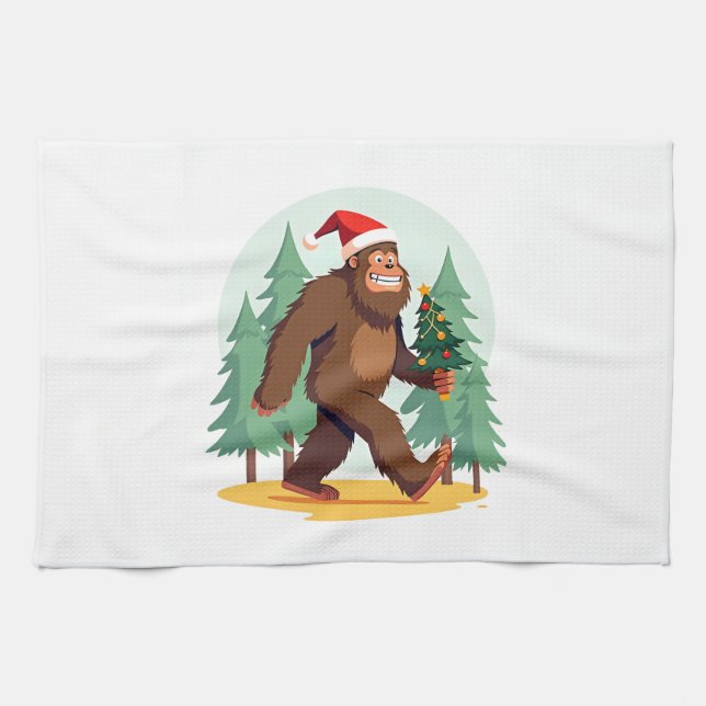 Bigfoot Christmas Tree Santa Hat (1) Geschirrtuch (Horizontal)