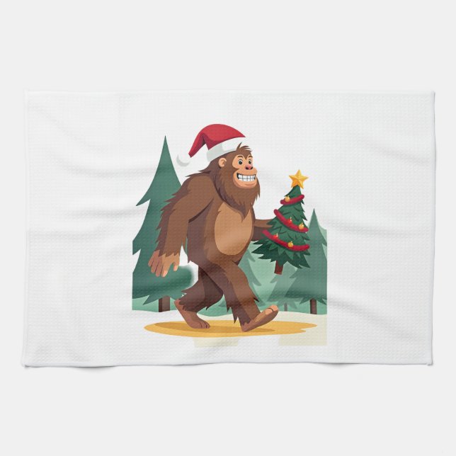 Bigfoot Christmas Tree Santa Hat (2) Geschirrtuch (Horizontal)